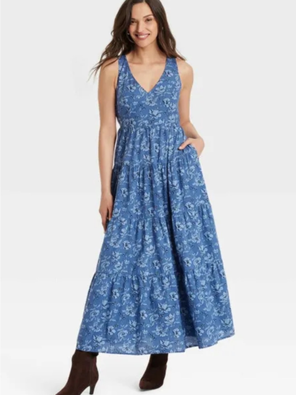 Universal Thread Blue Floral V-Neck Tiered Maxi Dress